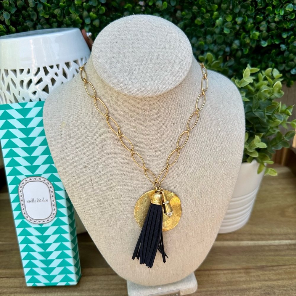 Stella & Dot Carla Tassel Gold Necklace with Navy Accent